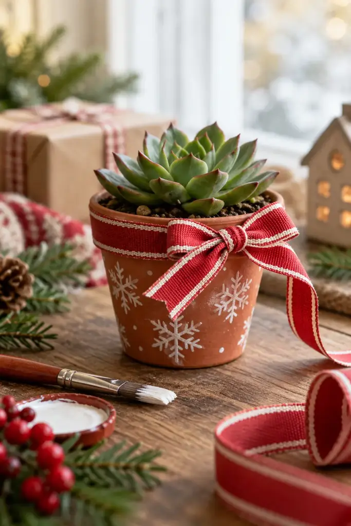 Terracotta pot painted with white snowflakes holding a small succulent tied with red ribbon