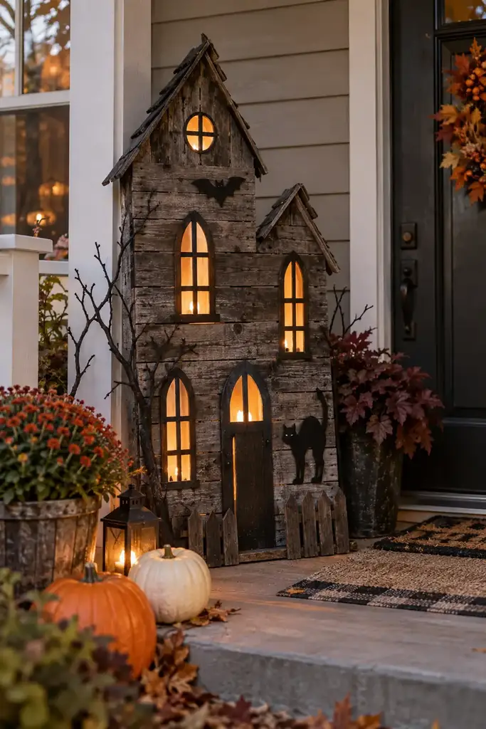 Small DIY wooden pallet haunted house facade on a porch wall with warm LED windows
