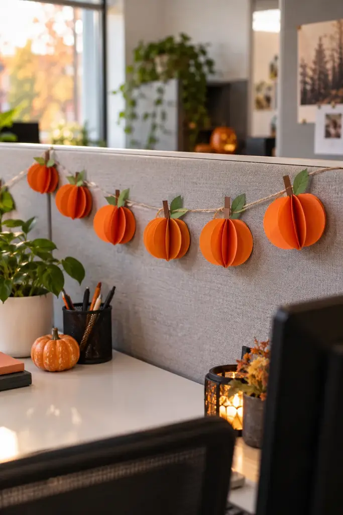 Folded orange paper pumpkin garland along a light gray office divider