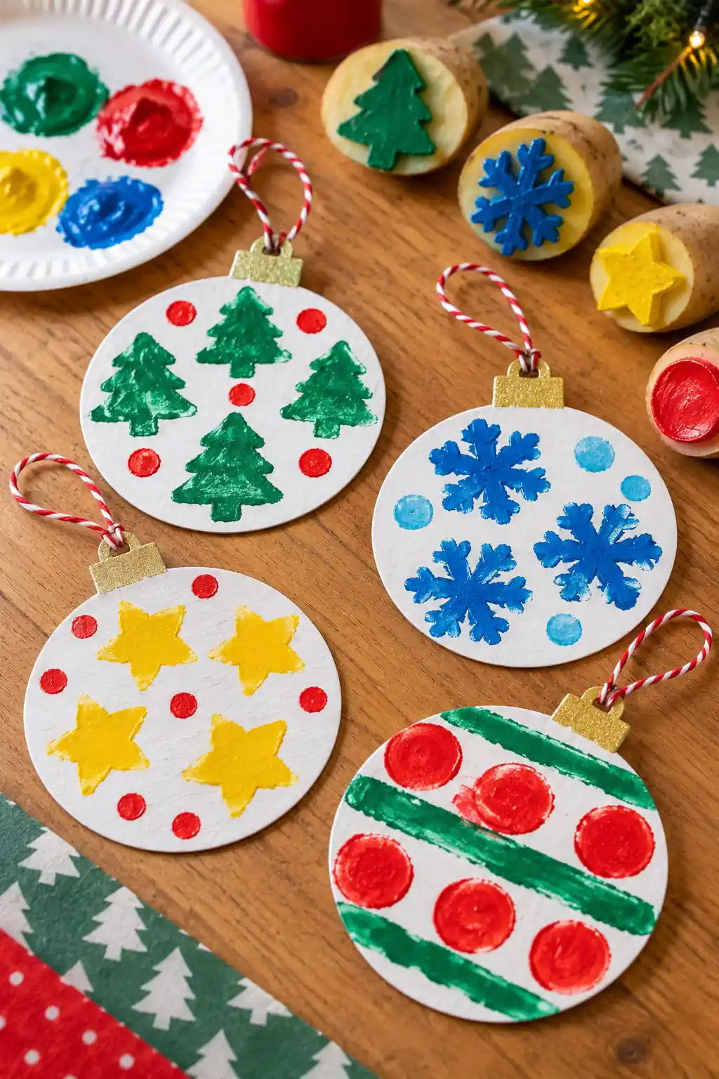 Potato Print Baubles Christmas crafts for preschoolers