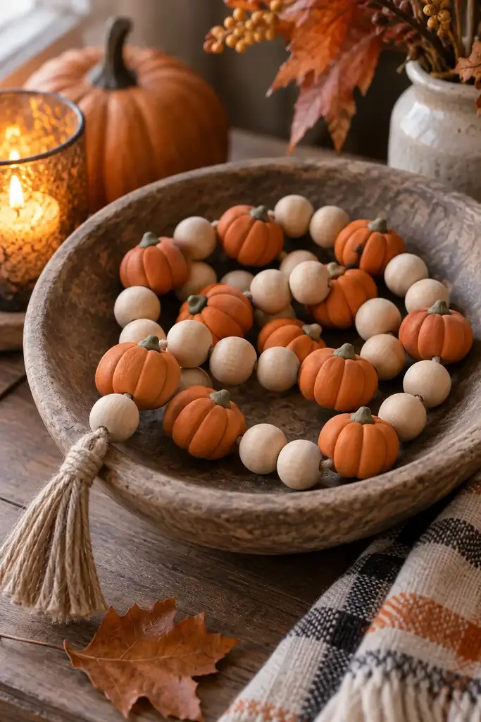 Hand rolled orange clay pumpkin beads and natural wood beads forming a garland in a bowl