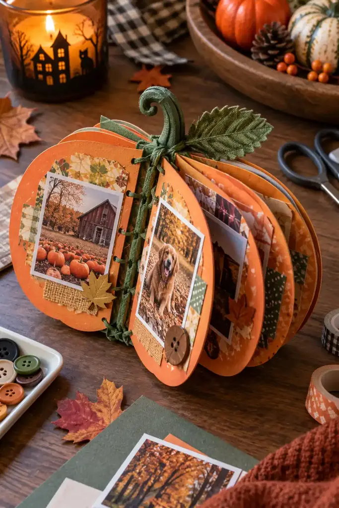 Handmade pumpkin shaped mini scrapbook with orange pages, green fabric binding and fall photos