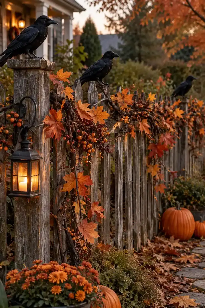 Weathered garden fence with artificial black ravens, autumn branches and orange leaves