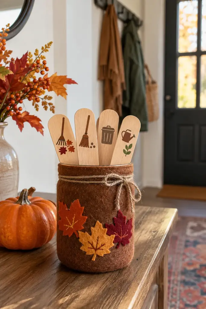Autumn chore jar wrapped in cinnamon felt with felt leaves beside a small decorative pumpkin