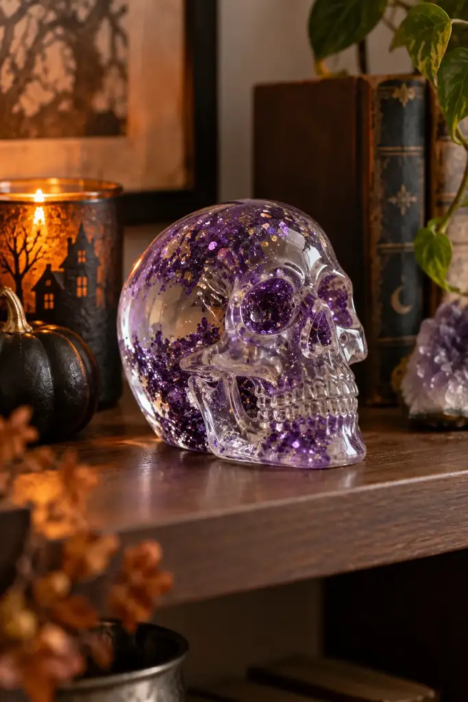 Decorative clear resin skull paperweight with purple glitter on a shelf