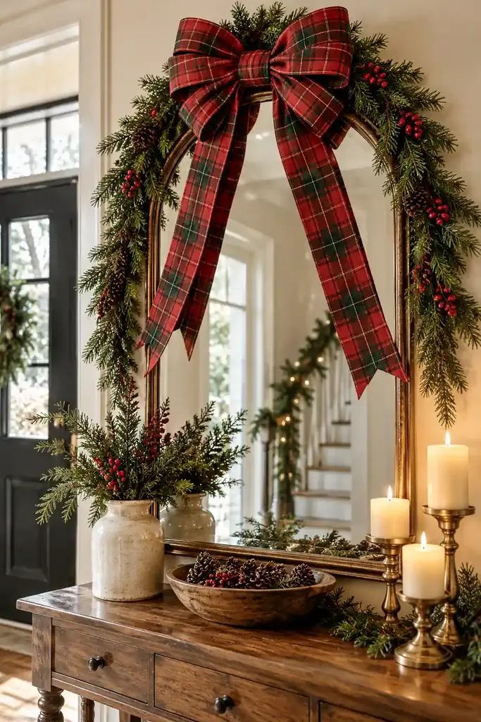 Tartan bow on an entry mirror