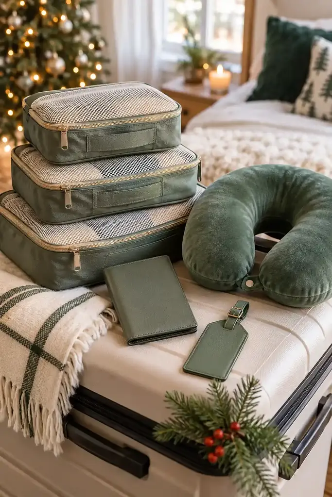 Green packing cubes, a velvet neck pillow, a passport cover and a luggage tag on a suitcase