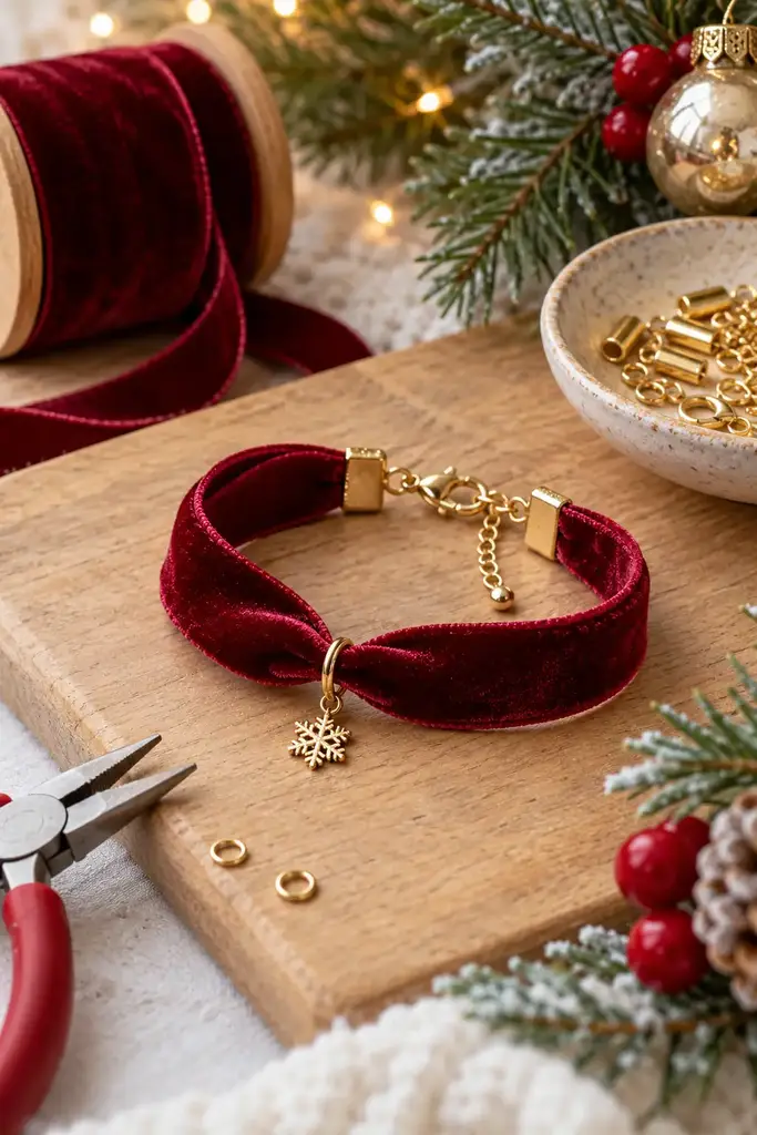 Velvet ribbon bracelet with gold clasp
