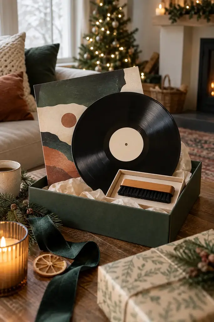 Vinyl record with an abstract sleeve and a record cleaning brush in a green gift box