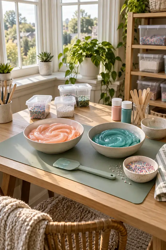 Window nook slime studio with a wood desk in a bay window and peach and teal slime bowls