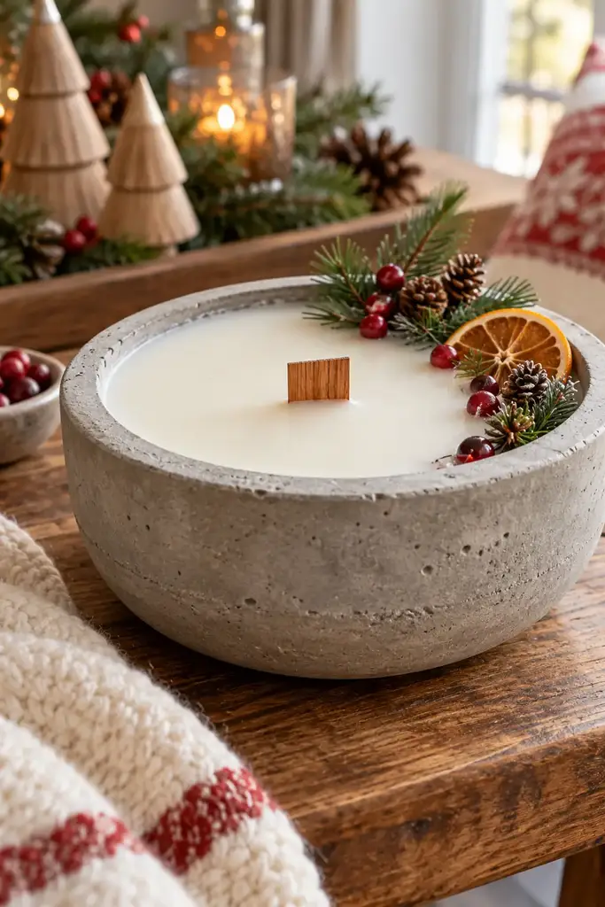 Wood wick candle in a concrete bowl