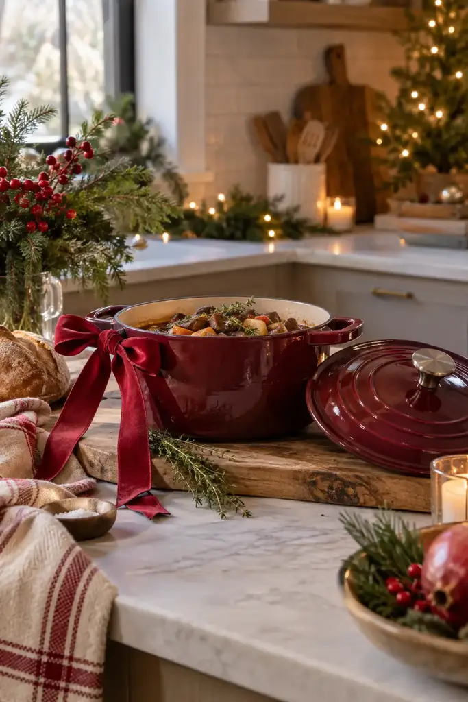 Burgundy enamel Dutch oven filled with stew and a red gift bow on the handle