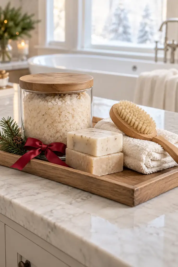 Bath salts in a glass jar, handmade soap bars, a dry body brush and a white towel on a wooden tray