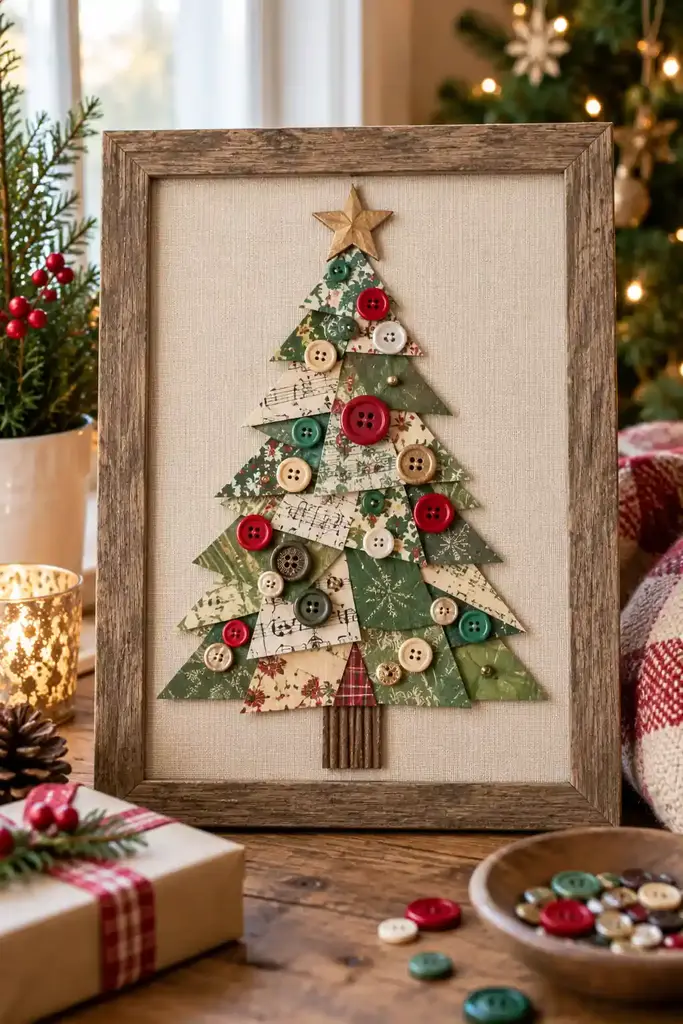 Button and paper tree collage
