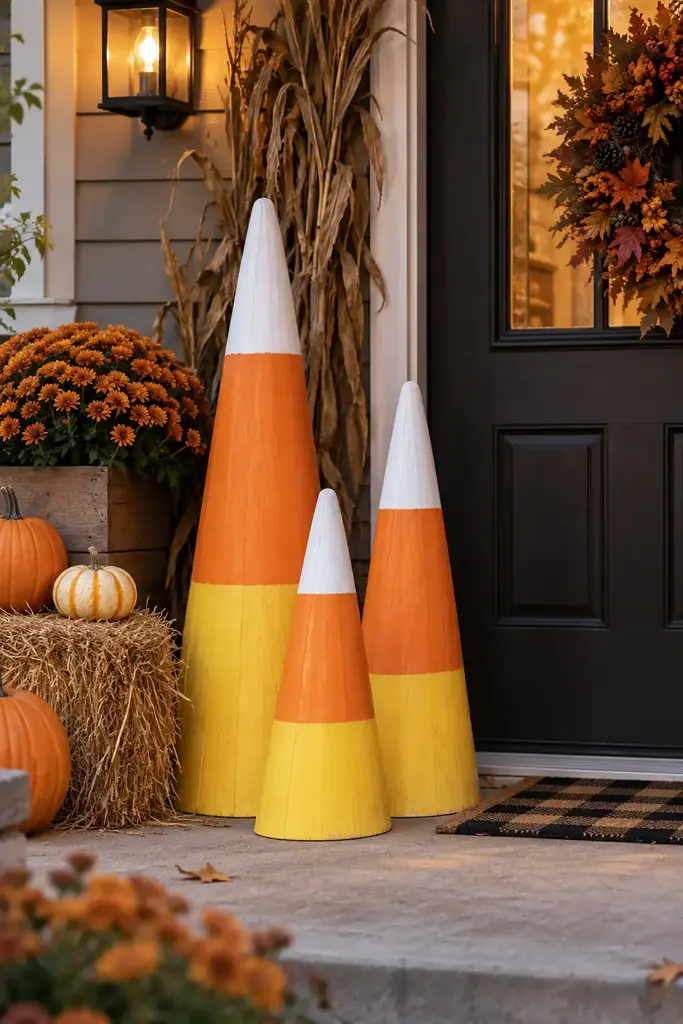 Three tall handmade porch cones painted white, orange and yellow as candy corn by a doorway