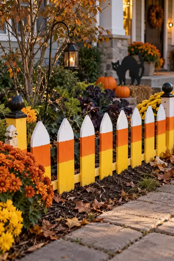 Short garden fence with each picket painted in white, orange and yellow candy corn bands