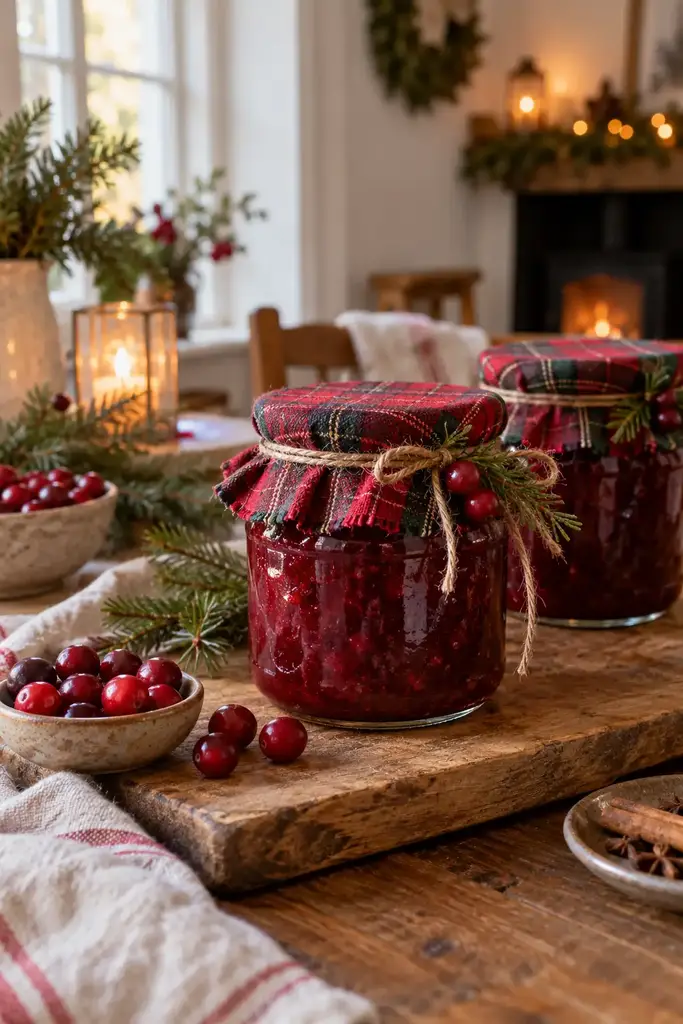 Glass jars of homemade cranberry chutney with red tartan fabric lid covers tied with twine
