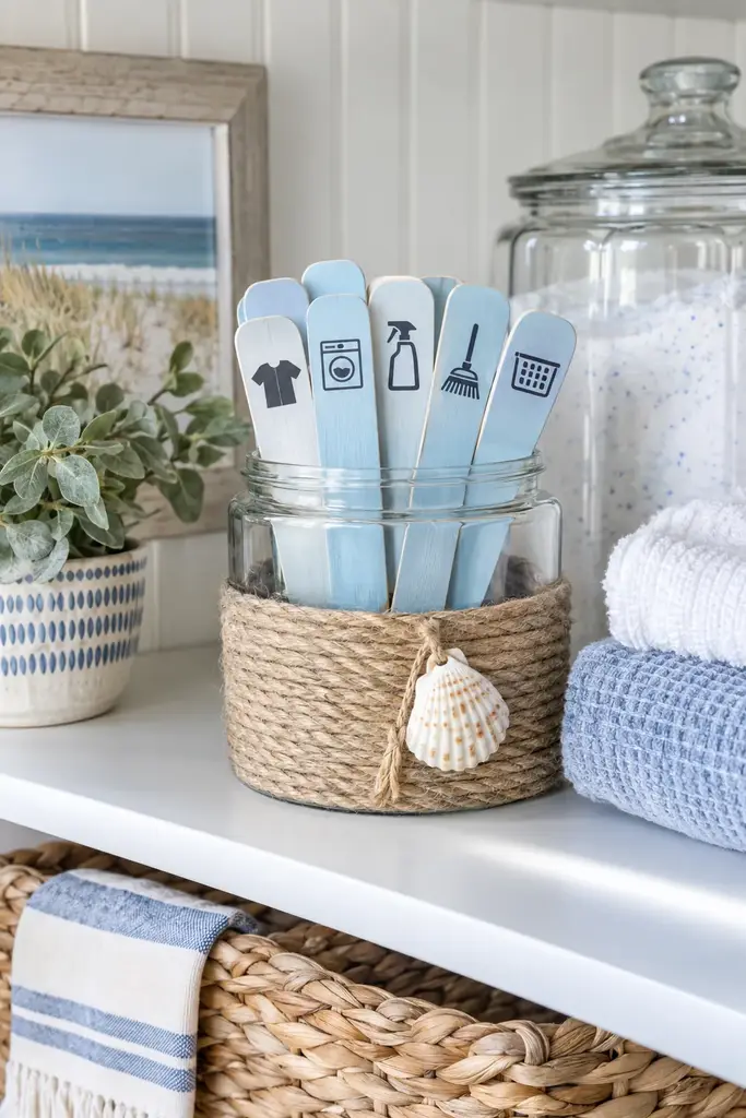Coastal chore jar with rope wrapped base and soft blue chore sticks on a white laundry room shelf