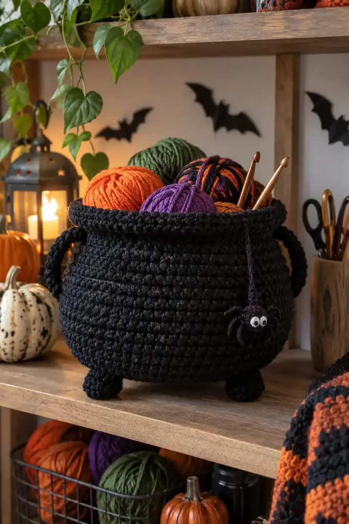 Black crocheted cauldron basket filled with colorful yarn balls on a craft shelf