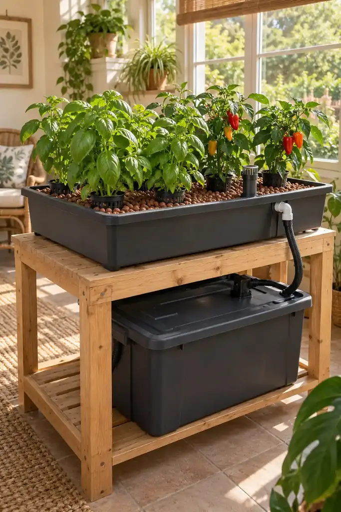 Tabletop ebb and flow hydroponic garden with a charcoal tray of clay pebbles, basil and small peppers on a wooden bench