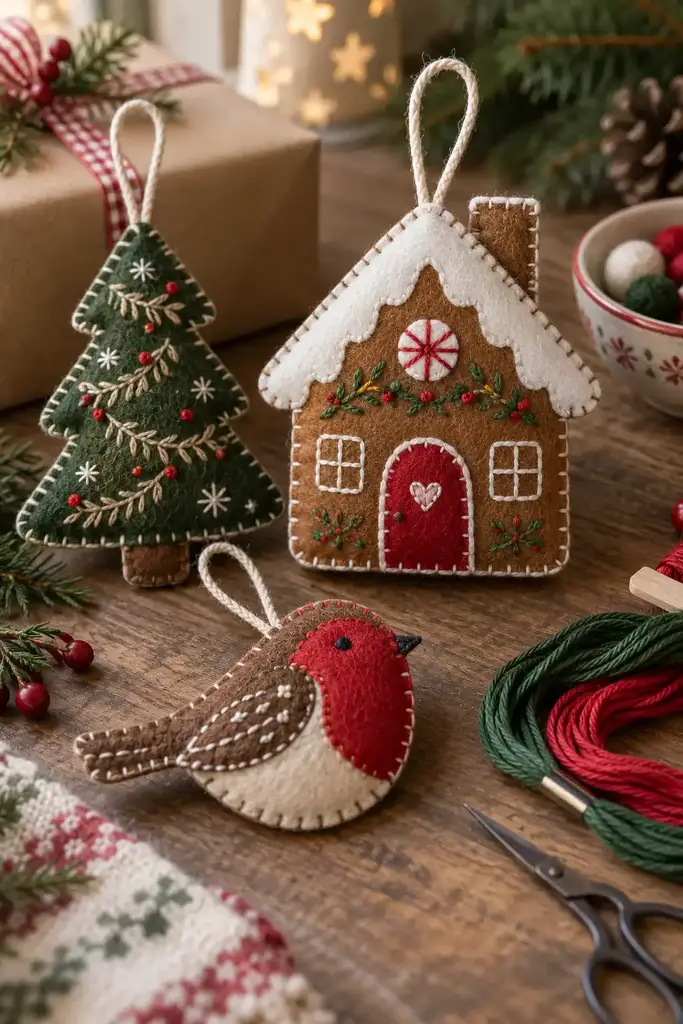 Handmade felt ornaments shaped like a Christmas tree, a gingerbread house and a robin with embroidery floss