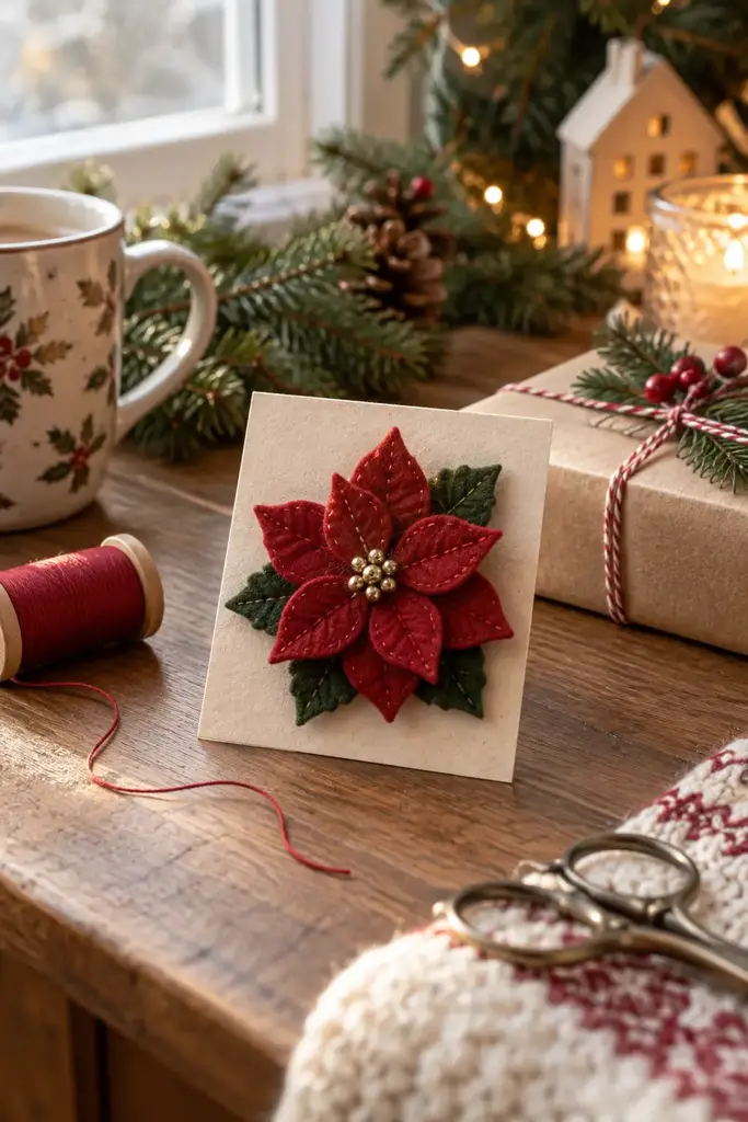 Red felt poinsettia brooch with green leaves and gold bead center on a cream backing card