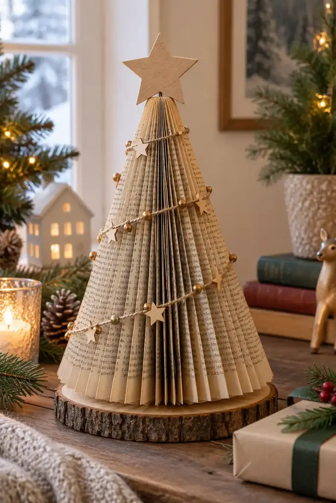 Folded book pages form a freestanding tree with a wooden star on top
