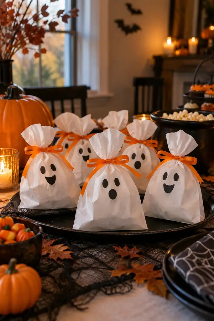 White ghost shaped paper favor bags tied with orange bows on a Halloween party table