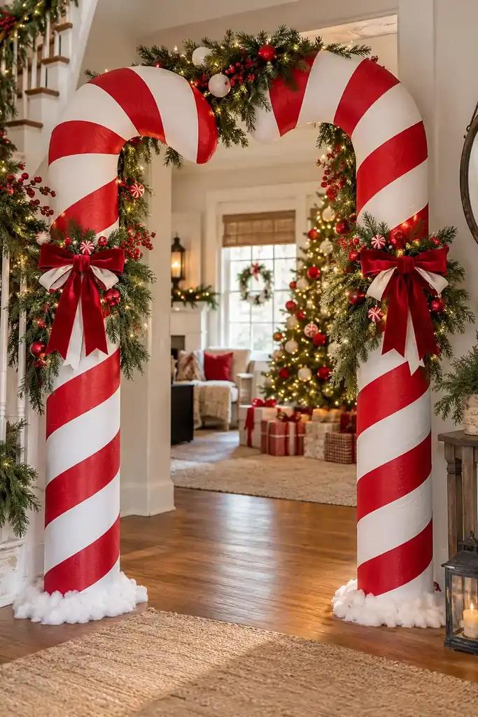 Giant candy cane cardboard arch