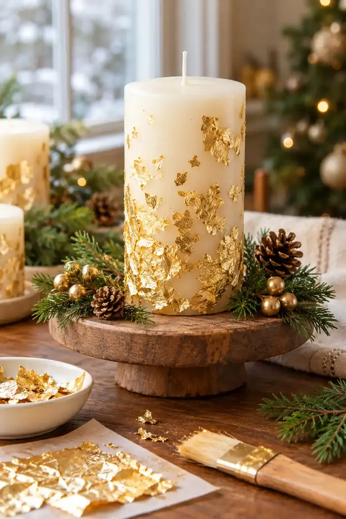 Gold leaf wax pillar candle