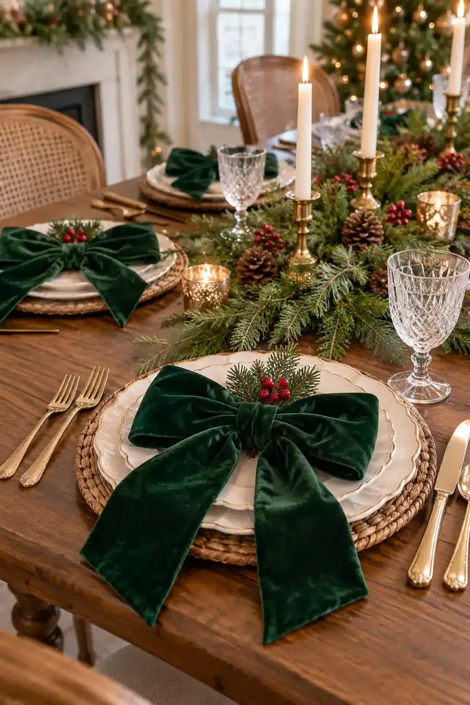 Green velvet napkin bows