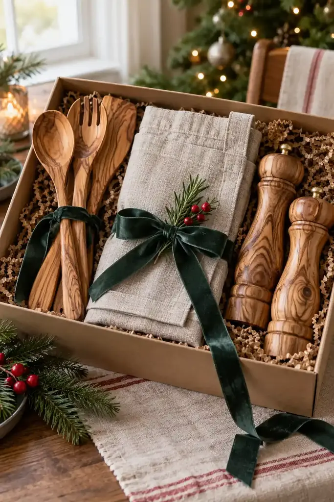 Home chef gift box with olive wood utensils, a linen apron, and wooden salt and pepper mills