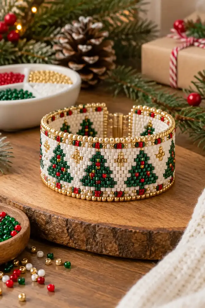Loom bead evergreen pattern cuff