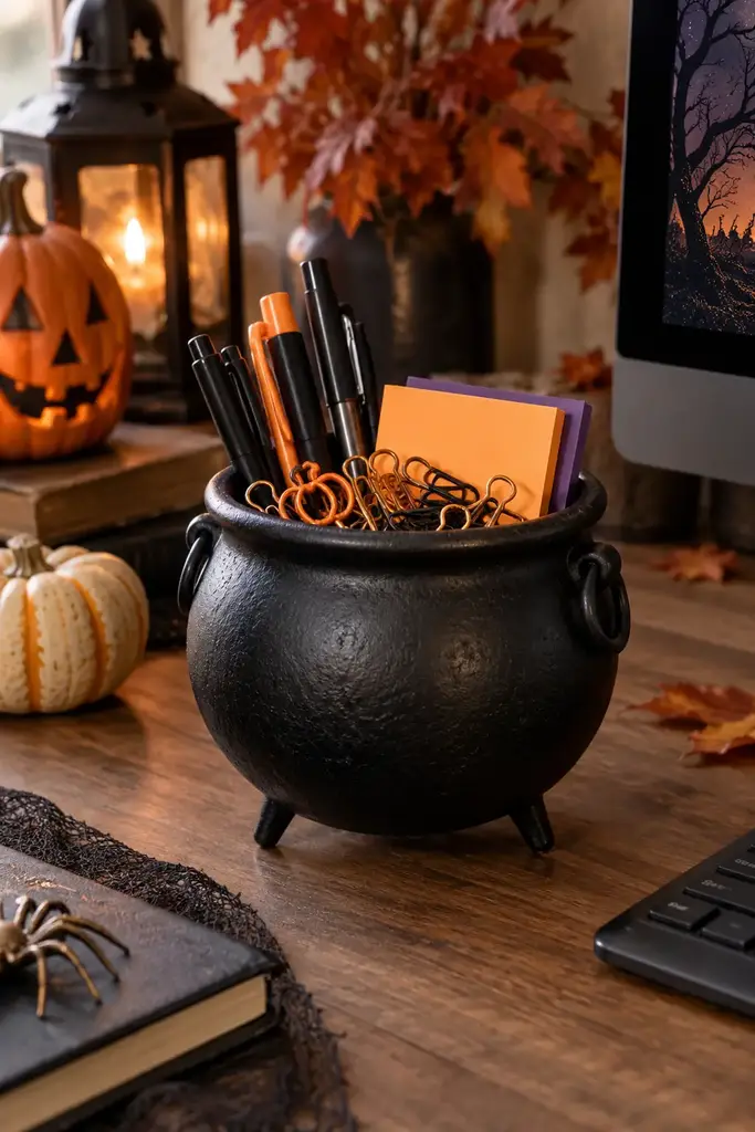 Small black cauldron desk organizer holding paper clips, pens and sticky notes
