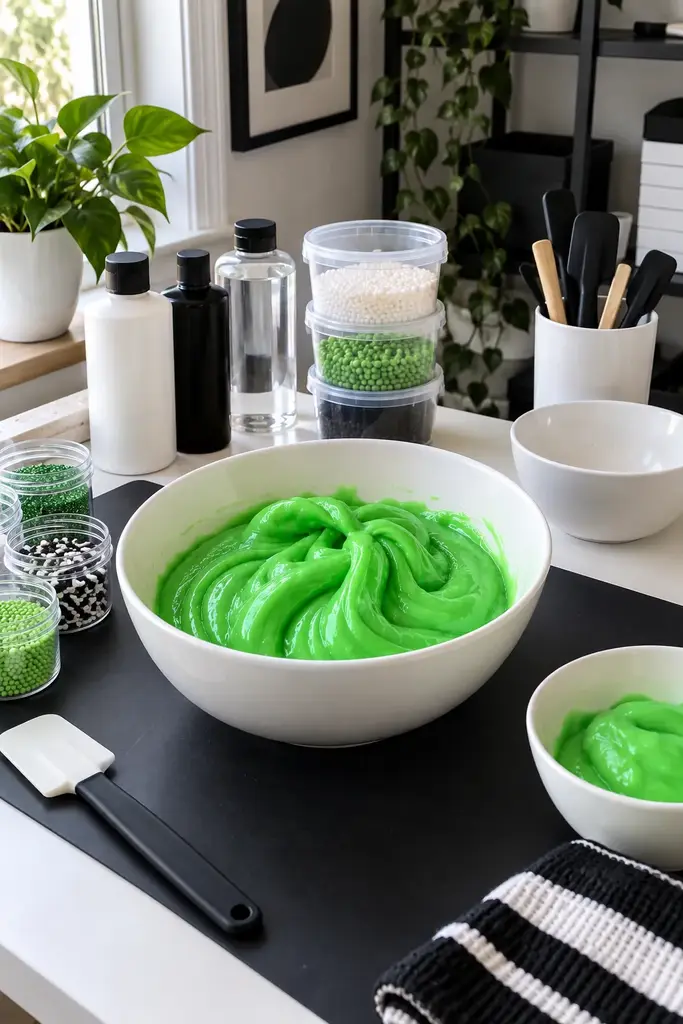 Modern black and white slime lab with neon green slime in white bowls on a black silicone mat