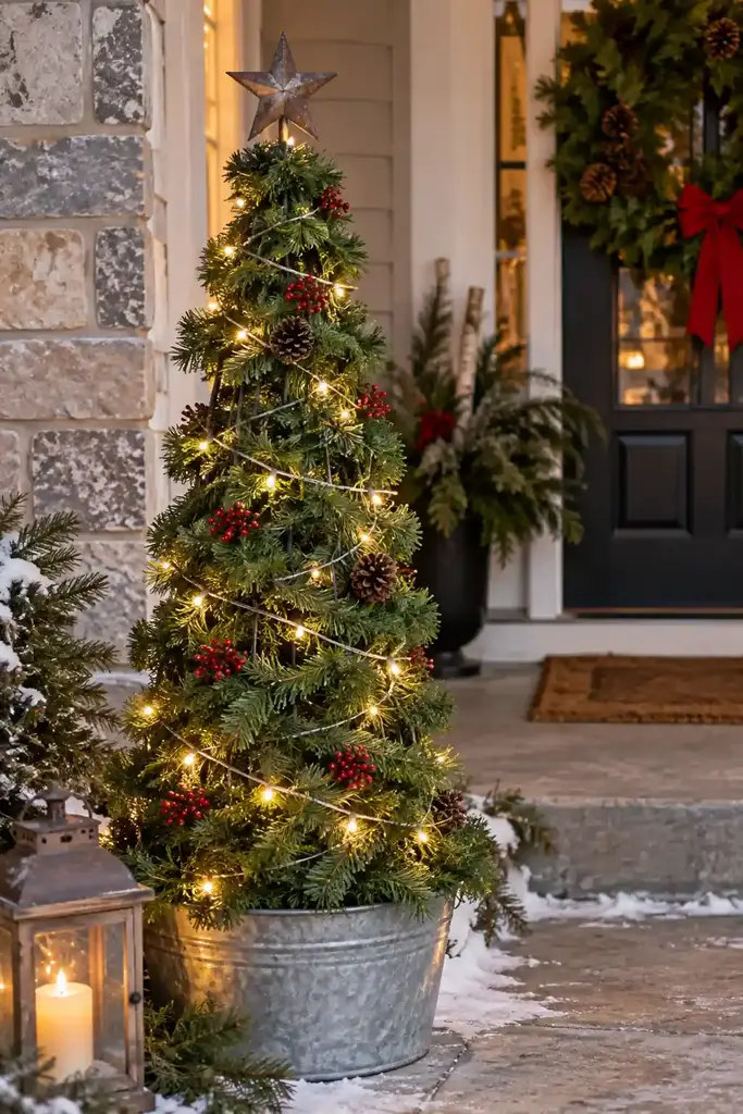 Evergreen garland covers a narrow cone shaped frame in a metal planter