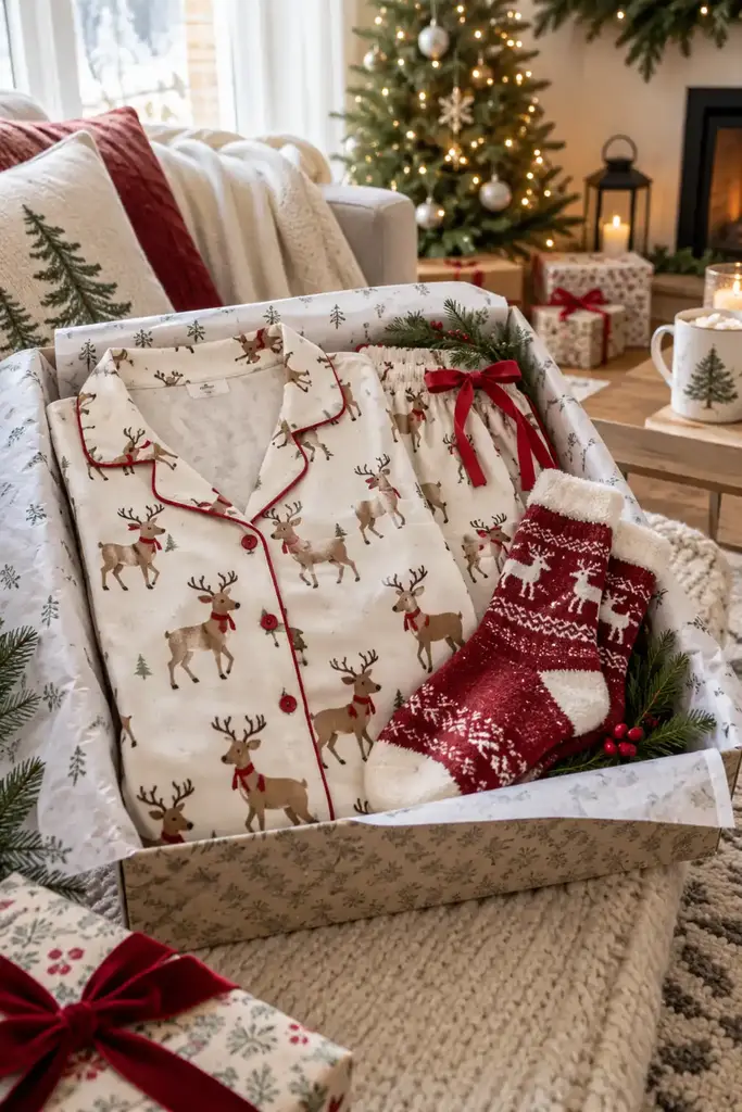 Cream reindeer print pajama set with red piping and red knit socks in a gift box
