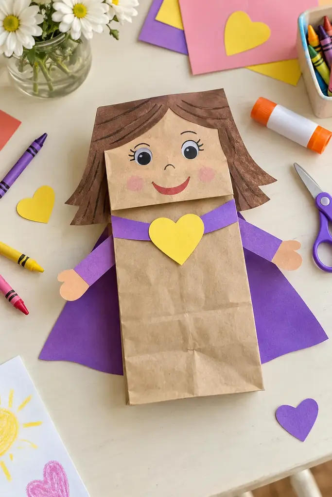Paper bag superhero woman puppet with a purple paper cape and yellow heart badge