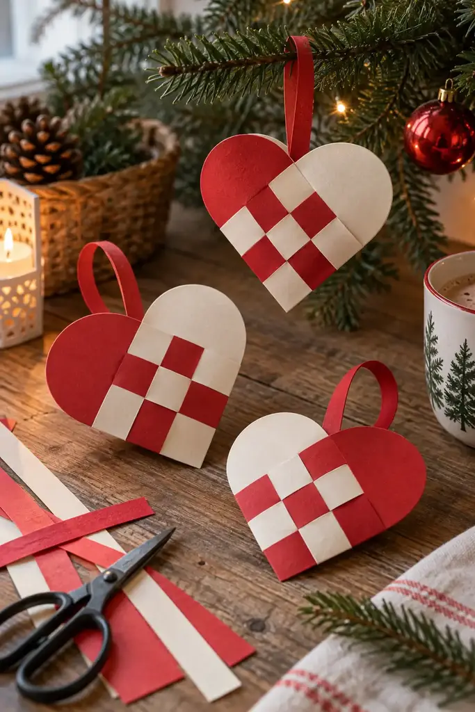 Red and cream paper strips interlock across heart shaped ornaments