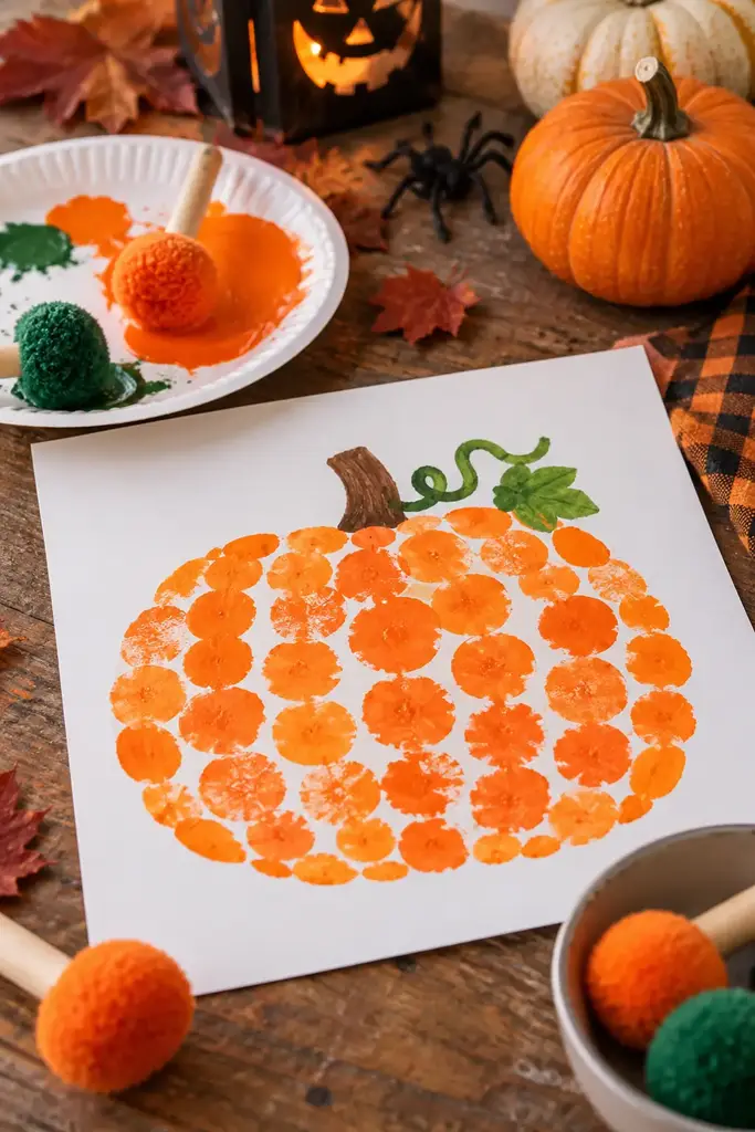 Halloween pumpkin dots painted with large soft pom pom stamps on white cardstock