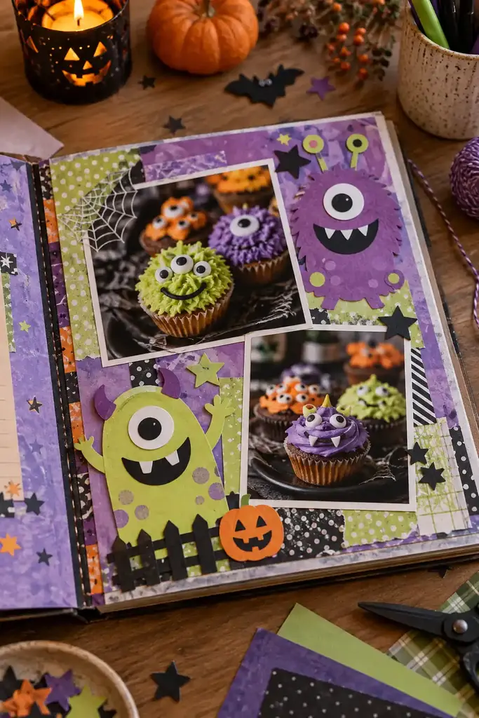 Purple and lime scrapbook layout with silly monster die cuts and photos of decorated cupcakes