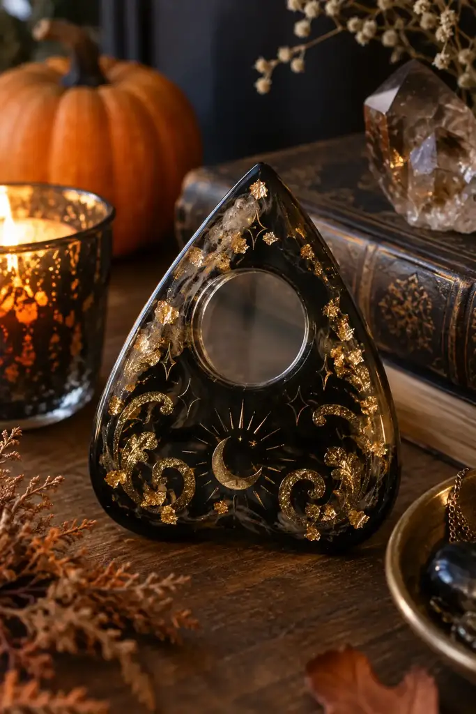 Black and gold resin planchette shaped trinket piece with a clear round window
