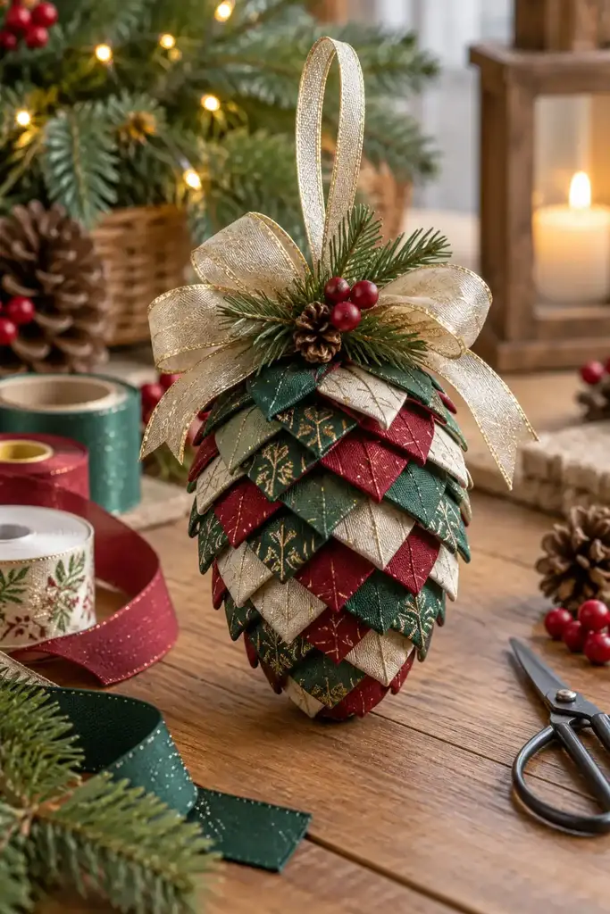 Ribbon folded pinecone ornament
