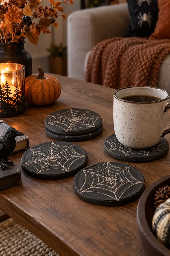 Handmade charcoal clay coasters with ivory spiderweb patterns on a coffee table