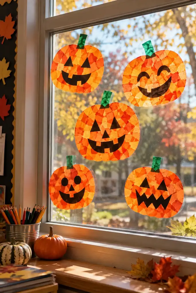 Translucent tissue paper pumpkin suncatchers taped to a sunny classroom window