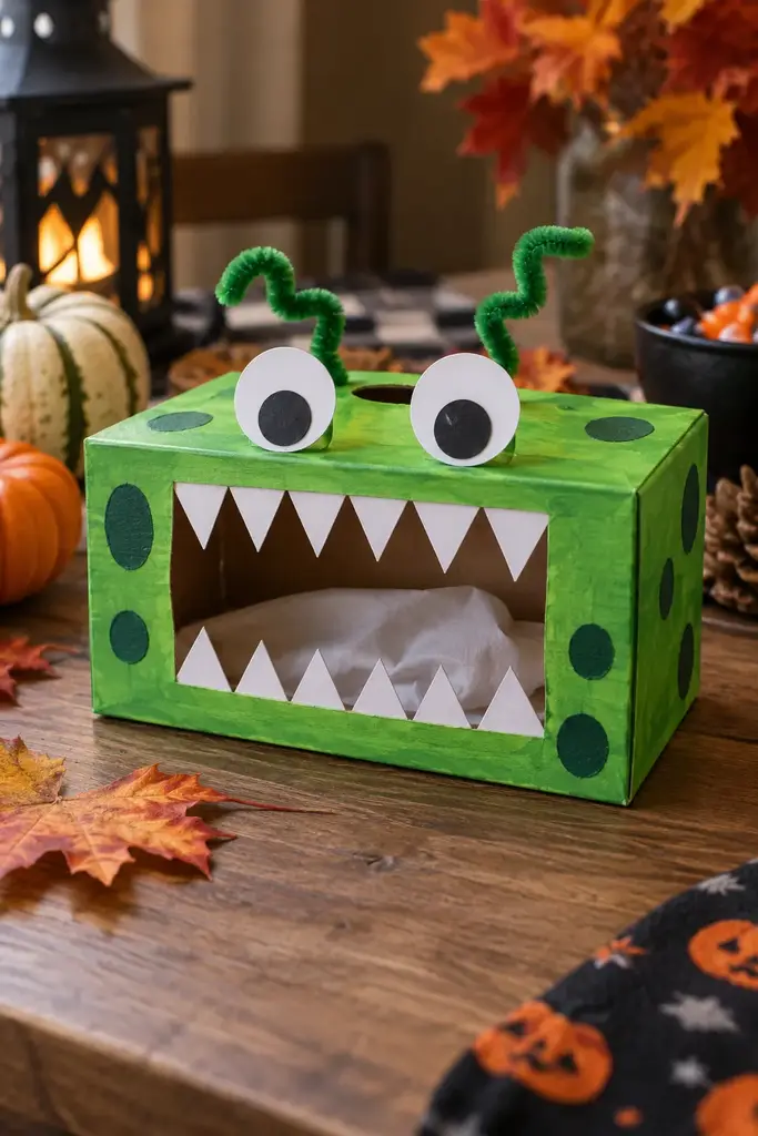Empty tissue box painted green as a silly monster with paper teeth around its opening