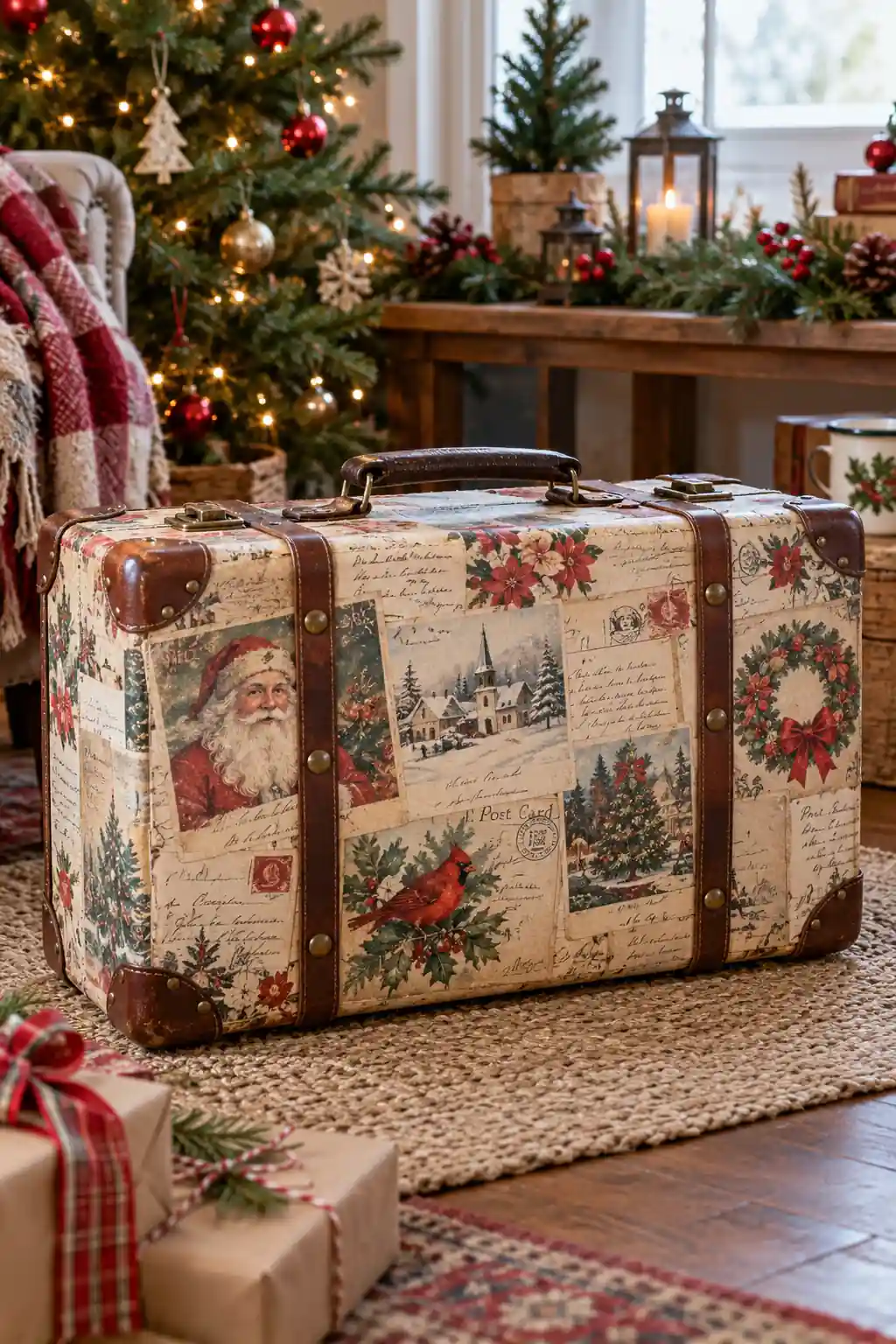Vintage Postcard Suitcase decoupage Christmas ideas