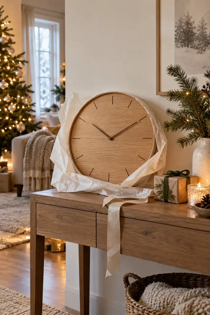 Minimal round oak wall clock with plain tick marks partly wrapped in tissue paper