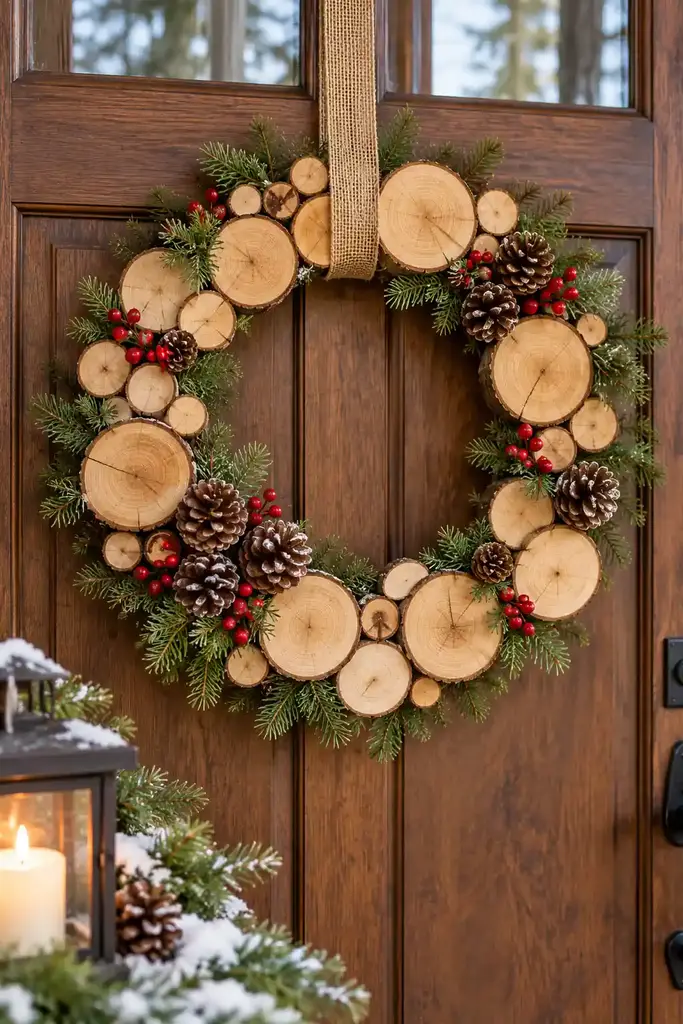 Wood slice wreath on a door
