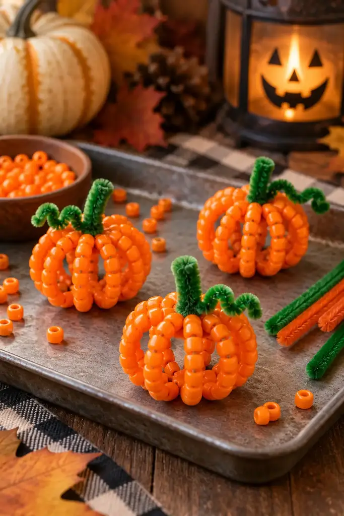 Orange pony beads threaded onto pipe cleaners and curved into small pumpkin shapes